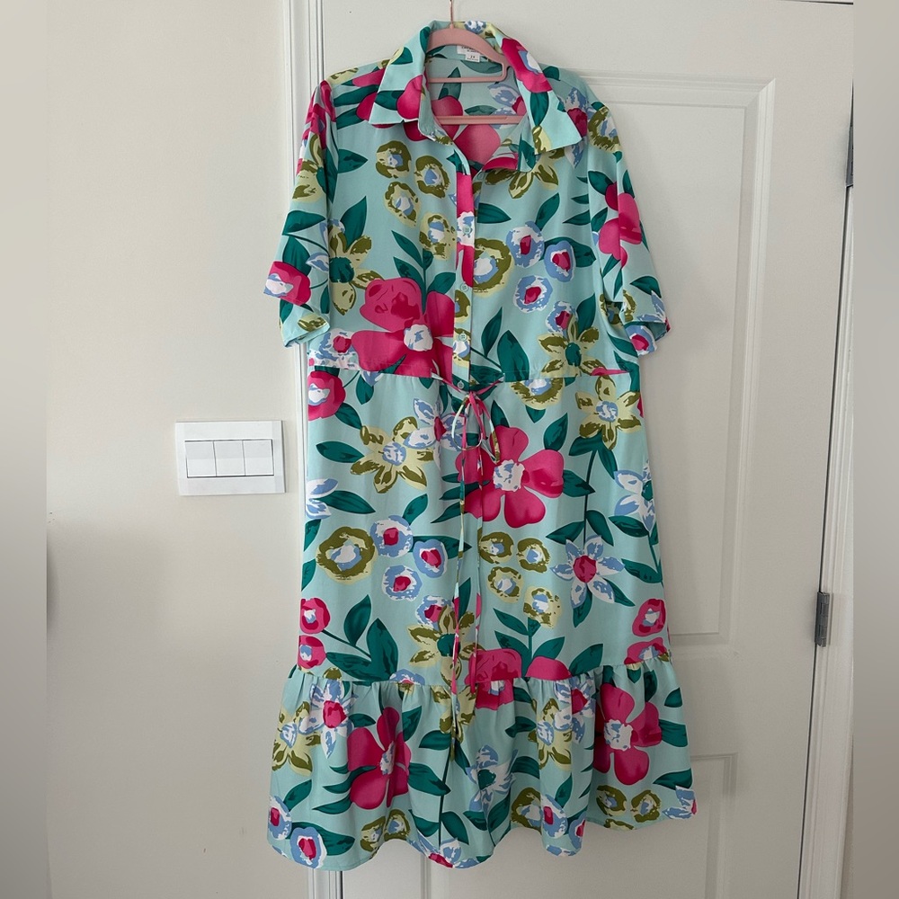 Chic Soul 2X Floral Button-Front Midi Dress in Aqua and Hot Pink